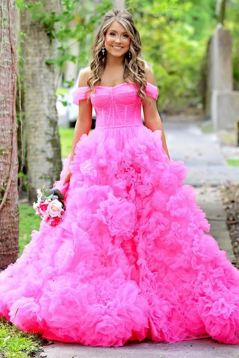 Off-the-Shoulder Hot Pink Ruffle Long Prom Dress with Slit