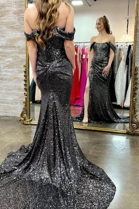 Royal Blue Sequin Off-the-Shoulder Mermaid Long Prom Dress with Slit