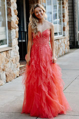 Gentle Tulle Coral Strapless Layered Prom Dress with Applique 