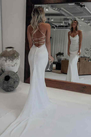 Cowl Neck Mermaid Lace-up Long Wedding Dress