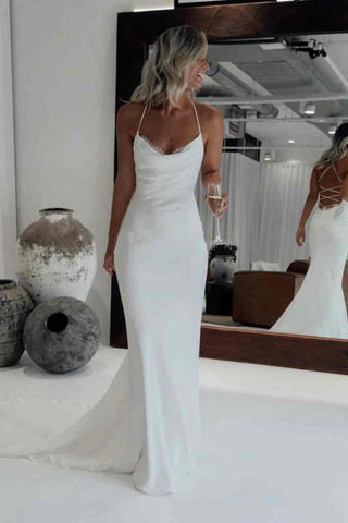 Ivory Cowl Neck Mermaid Lace-up Long Wedding Dress