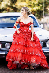 Red Tulle Sequin Sweetheart Ruffle Tiered A-Line Prom Dress