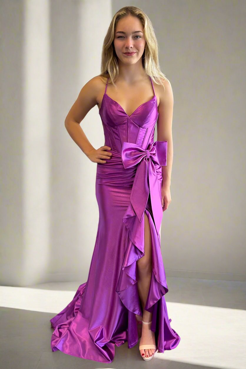 Purple Spaghetti Strap Mermaid Long Dress with Slit