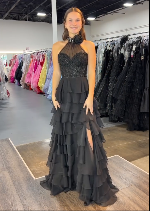 Beaded Halter Tiered Ruffles Prom Dress with Slit