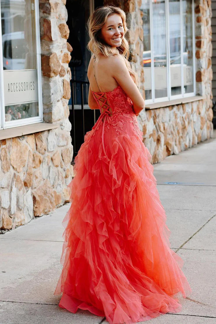 Strapless Layered Gentle Tulle Coral Prom Dress with Applique 