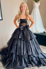Balck Strapless A-Line Satin Prom Dress with Bow