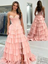Pink Exquisite Strapless Sweetheart A-Line Ruffles Dresses with Slit