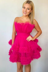 Fuchsia Strapless Tiered A-Line Tulle Homecoming Dress