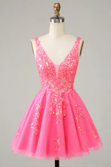 Orange Glitter Applique V-Neck A-Line Homecoming Dress