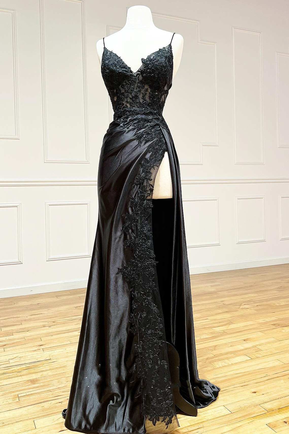 Black Applique Spaghetti Strap Ruching Long Prom Dress with Slit