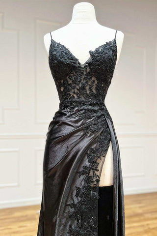 Black Applique Spaghetti Strap Ruching Long Prom Dress with Slit