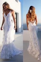 Princess Mermaid V Neck Sleeveless Lace Wedding Dress With Appliques