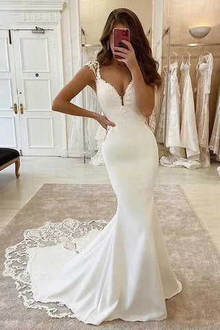 Elegant Trumpet Chapel Train Lace Satin Wedding Dress with Backless