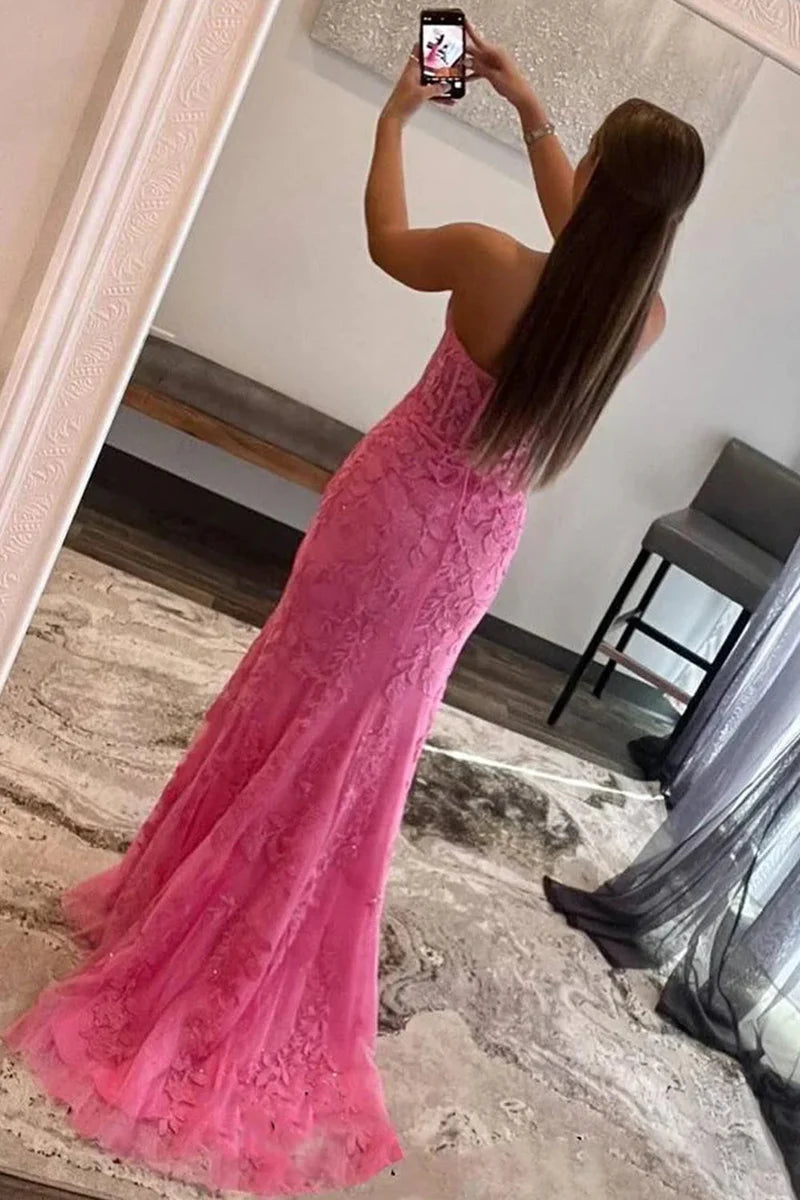 Mermaid Strapless Appliques Boning Long Prom Gown with Slit