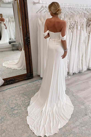 White Off the Shoulder Mermaid Satin Wedding Dress with Slit