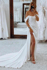 Ivory Off the Shoulder Mermaid Satin Wedding Dress with Slit