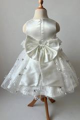 White Cute Scoop Neck Flower Girl Dress with Butterfly Applique