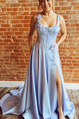 Bloom Flower Spaghetti Straps Blue Corset Long Prom Dress with Slit