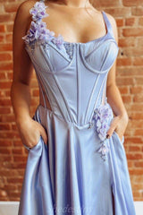 Bloom Flower Spaghetti Straps Blue Corset Long Prom Dress with Slit