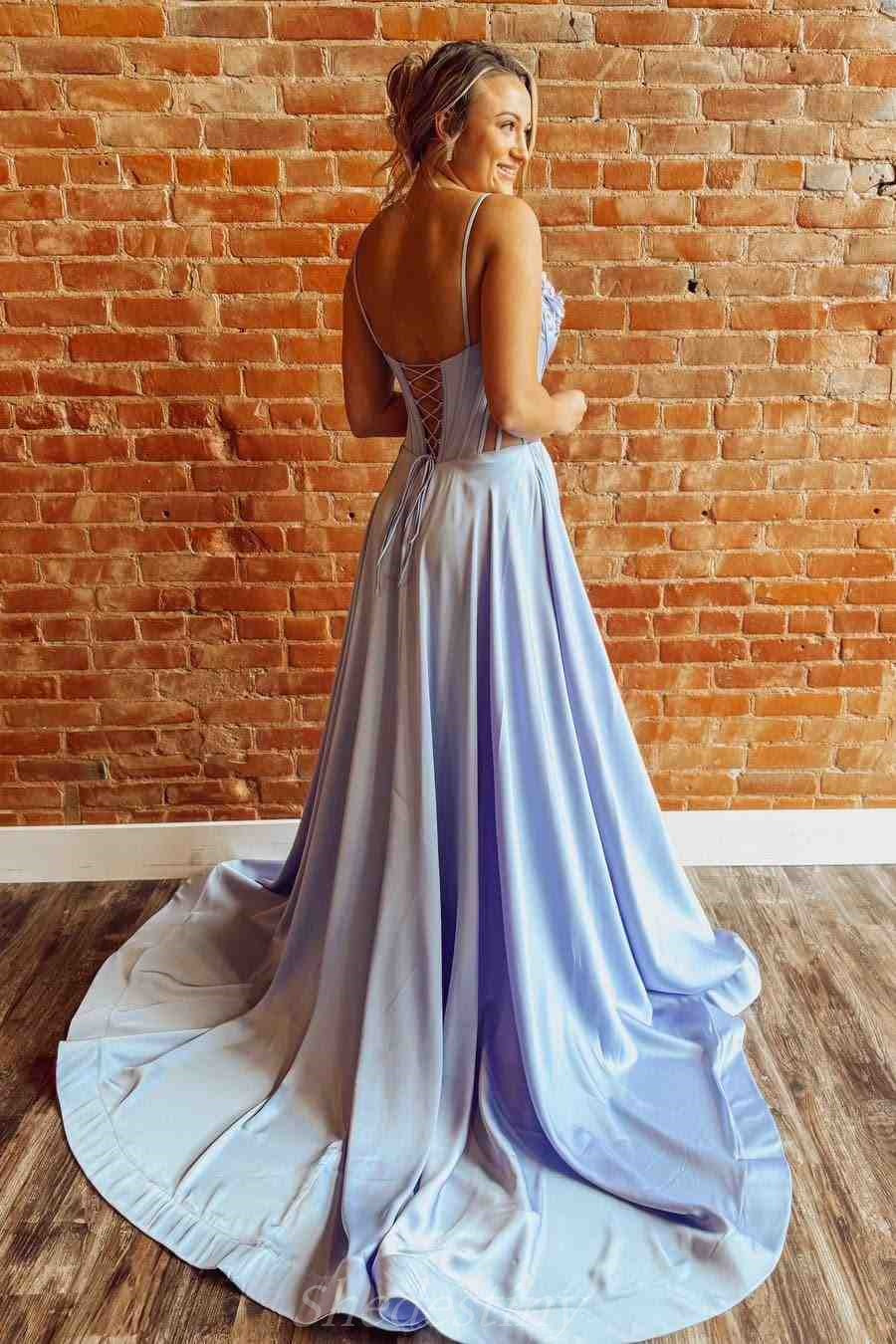 Spaghetti Straps Blue Bloom Flower Corset Long Prom Dress with Slit