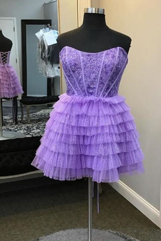 Lavender Embroidery Strapless Tiered Homecoming Dress