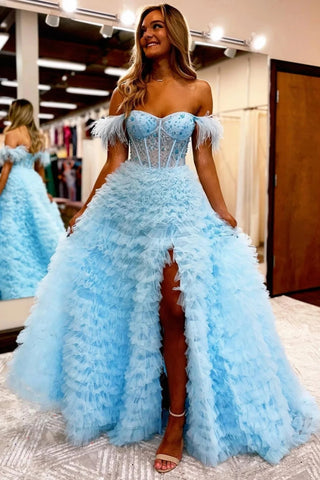 Light Blue Beaded Feather Off-the-Shoulder Tiered Long Prom Dress