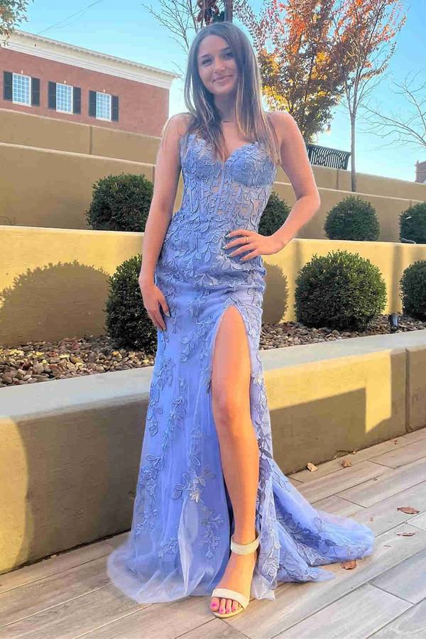 Mermaid Strapless Appliques Boning Long Prom Gown with Slit