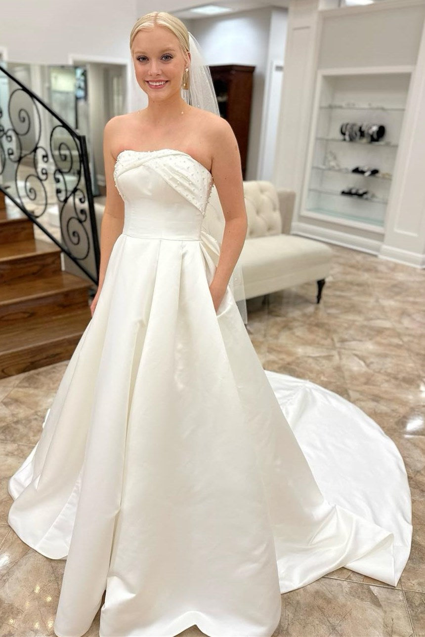 White Strapless Bow-Back Pearls A-Line Wedding Dress