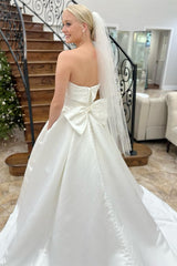 White Strapless Bow-Back Pearls A-Line Wedding Dress