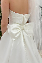 White Strapless Bow-Back Pearls A-Line Wedding Dress