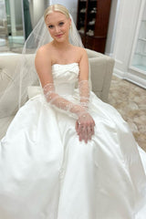 White Strapless Bow-Back Pearls A-Line Wedding Dress