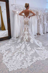 Ivory Lace V-Neck Mermaid Long Wedding Dress with Applique