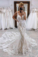 Lace V-Neck Mermaid Long Wedding Dress with Applique