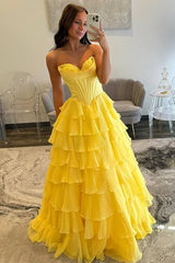 Yellow Exquisite Strapless Sweetheart A-Line Ruffles Dresses with Slit