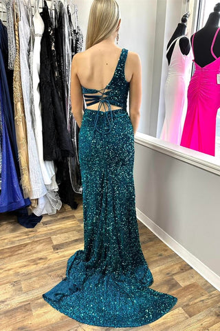 One-Shoulder Turquoise Sequin Keyhole Long Prom Dress with Slit