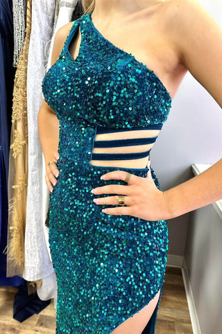One-Shoulder Turquoise Sequin Keyhole Long Prom Dress with Slit
