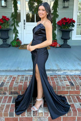 Pleat Strapless Black Mermaid Long Prom Dress with Slit