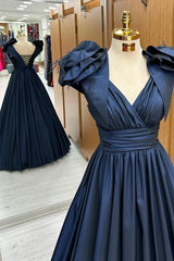 Navy Blue Surplice Lac-Up Ball Gown