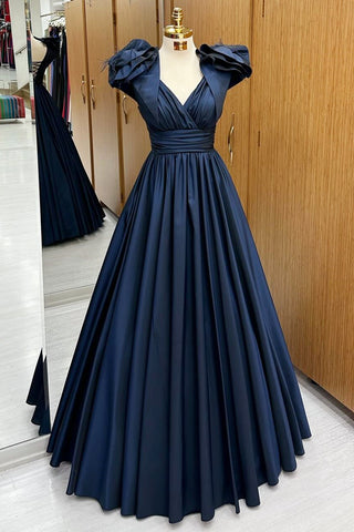 Navy Blue Surplice Lac-Up Ball Gown