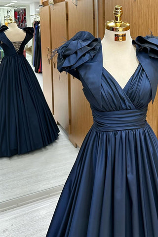 Navy Blue Surplice Lac-Up Ball Gown