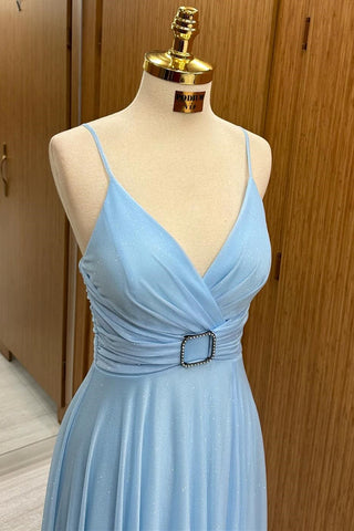 Light Blue Spaghetti Strap Belted A-Line Long Formal Dress