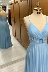 Light Blue Spaghetti Strap Belted A-Line Long Formal Dress