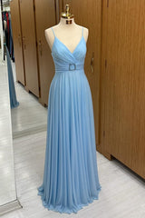 Light Blue Spaghetti Strap Belted A-Line Long Formal Dress