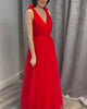 Red Tulle V-Neck A-Line Long Bridesmaid Dress