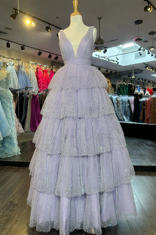 Lavender Tulle Sequin V-Neck Ruffle Tiered Long Prom Dress