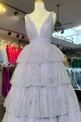 Lavender Tulle Sequin V-Neck Ruffle Tiered Long Prom Dress