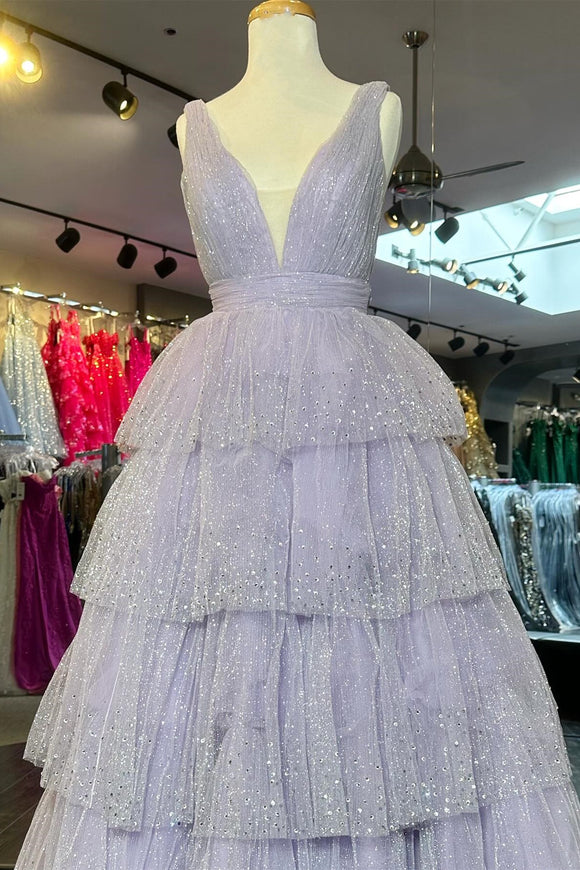 Pleated V-neck 3/4 Sleeves Chiffon Long Dress Lavender main image 1