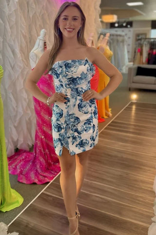 Floral Print Ruffles Strapless Tight Homecoming Dress