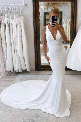 White Plunging V Neck Mermaid Long Wedding Dress