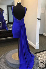 Royal Blue Plunging Neck Tight Party Dress with Backless